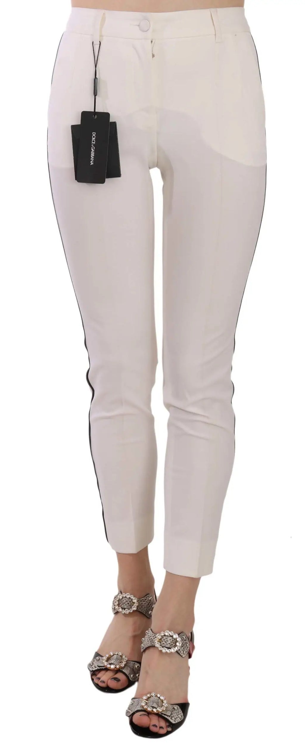 Pantalon skinny blanc dolce gabbana avec bandes latérales noires et étiquette de marque visible