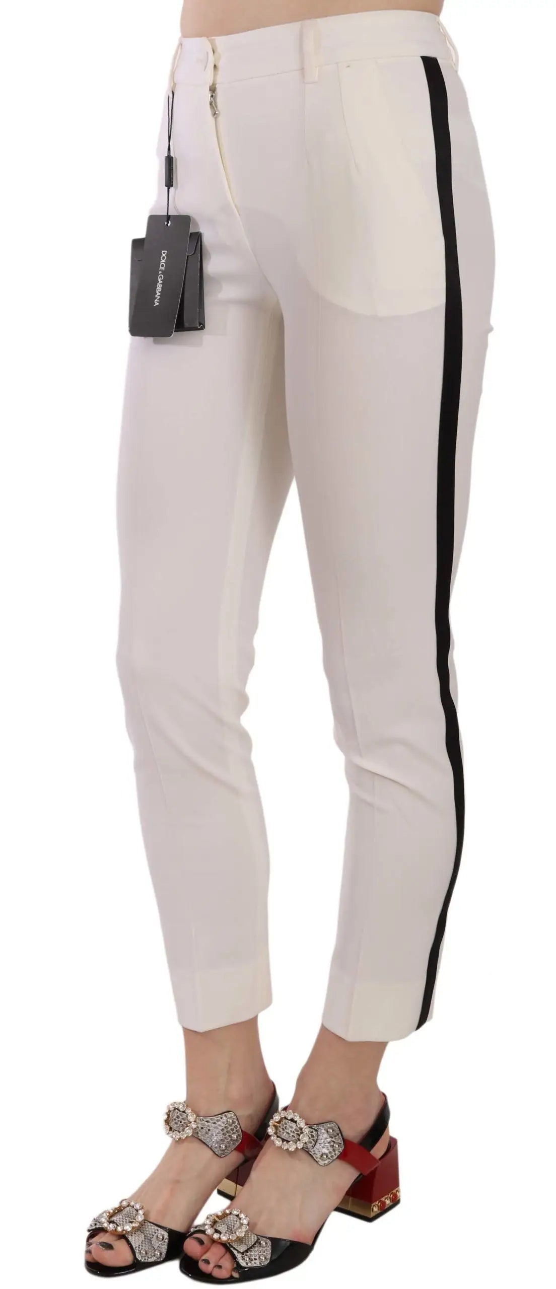 Pantalon skinny court blanc dolce & gabbana avec rayures noires verticales modernes sur le côté