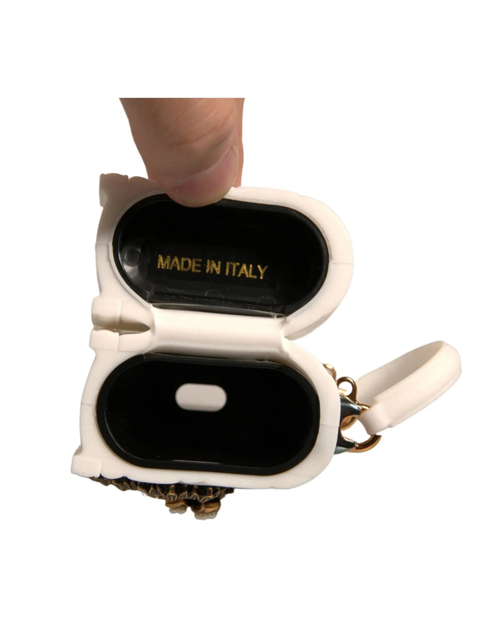 Dolce & gabbana étui airpods blanc en silicone avec ferrures dorées et inscription made in italy à l intérieur du couvercle