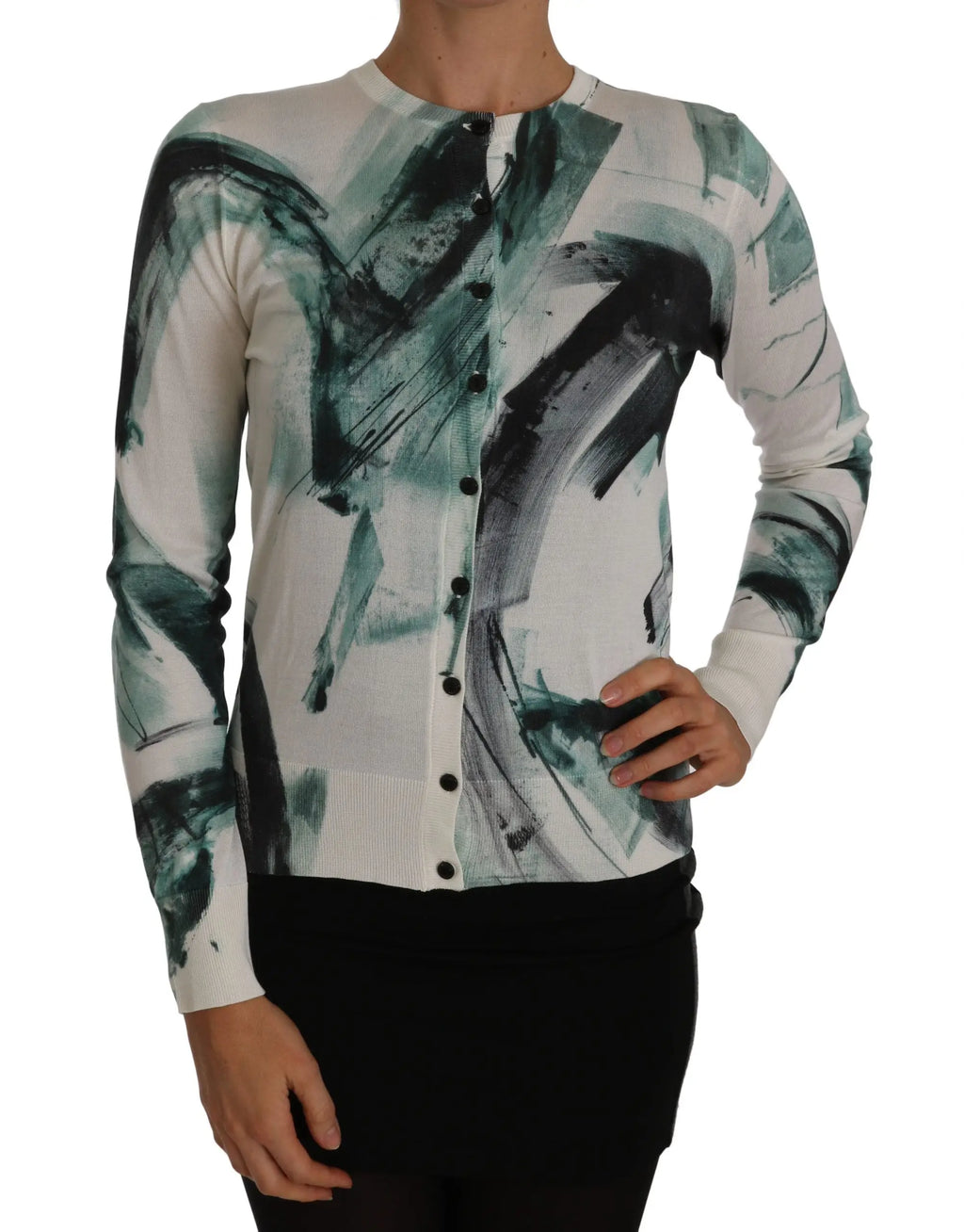 Cardigan femme dolce gabbana en soie blanche avec motif abstrait bleu sarcelle et noir à manches longues