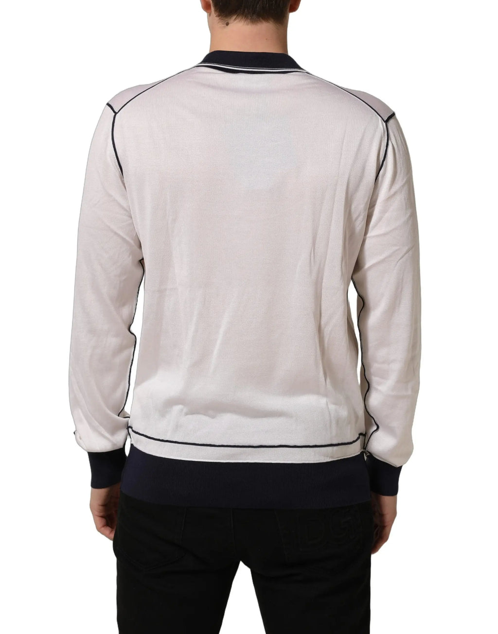 Veste bomber blanche dolce & gabbana avec bordure bleu marine et coutures noires sur les coutures en soie