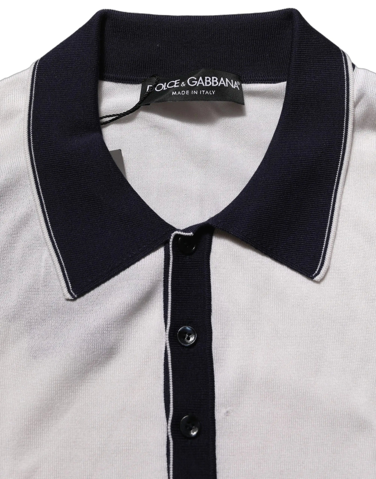 Dolce and Gabbana polo homme blanc et bleu marine en coton avec coutures contrastantes et col en soie