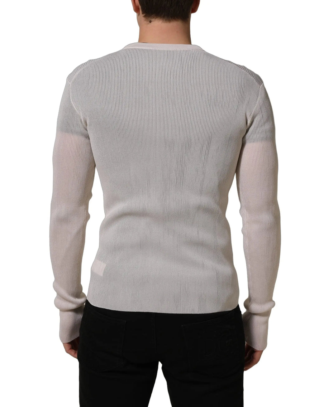 Dolce & gabbana pull col rond homme en soie blanc avec maille côtelée élégante et manches longues