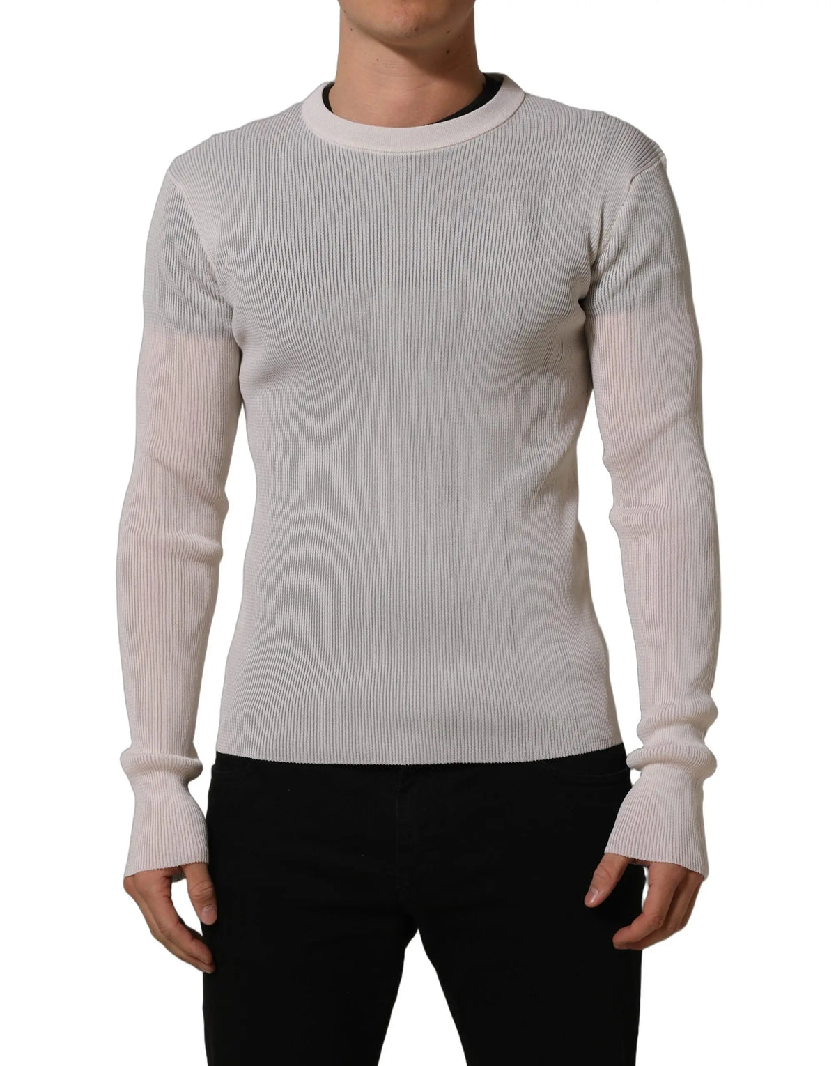 Dolce & gabbana pull homme en soie blanc col rond en maille côtelée ajustée manches longues