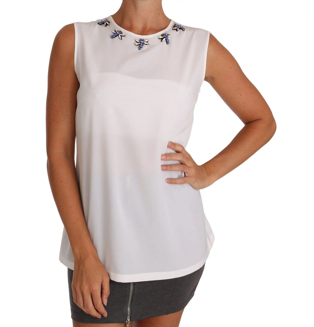 Dolce & Gabbana t-shirt blanc en soie avec détails brodés de libellules bleues et noires au niveau du col sans manches