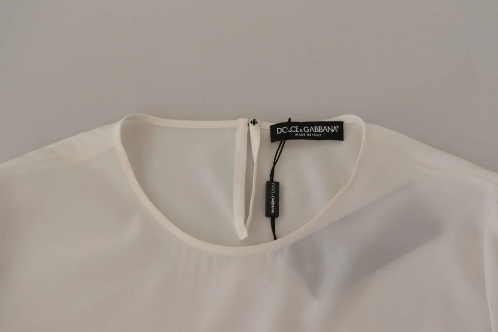 Blouse blanche dolce & gabbana en soie avec logo DG brodé manches longues et tissu fluide doux col rond simple
