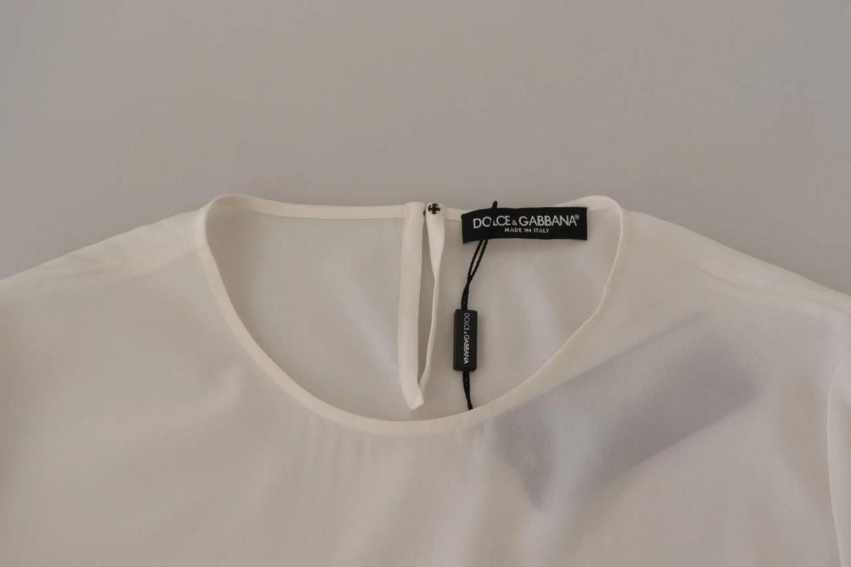 Blouse blanche dolce & gabbana en soie avec logo DG brodé manches longues et tissu fluide doux col rond simple