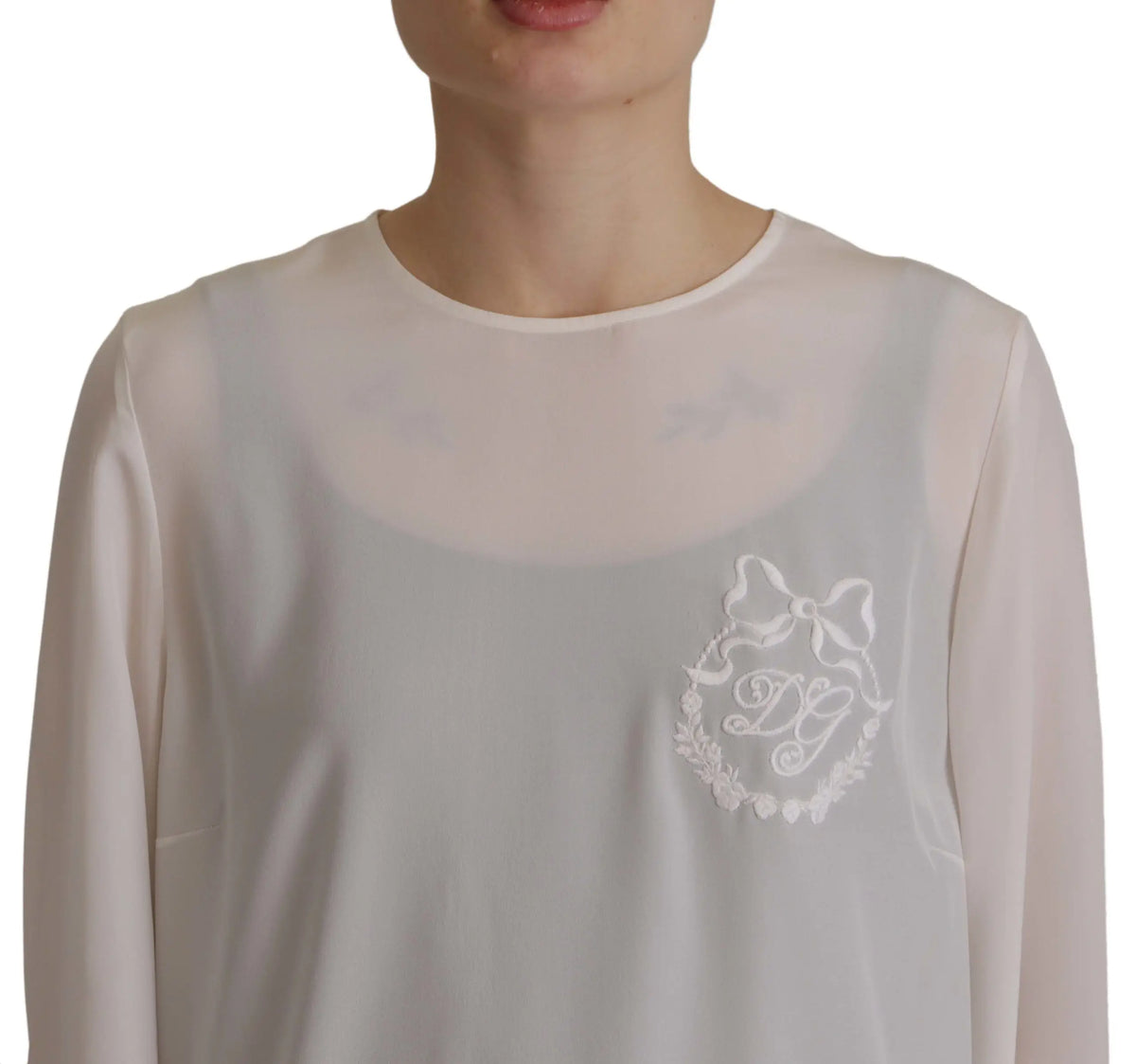 Blouse blanche transparente en soie dolce gabbana à manches longues avec broderie de blason monogrammé et couronne florale