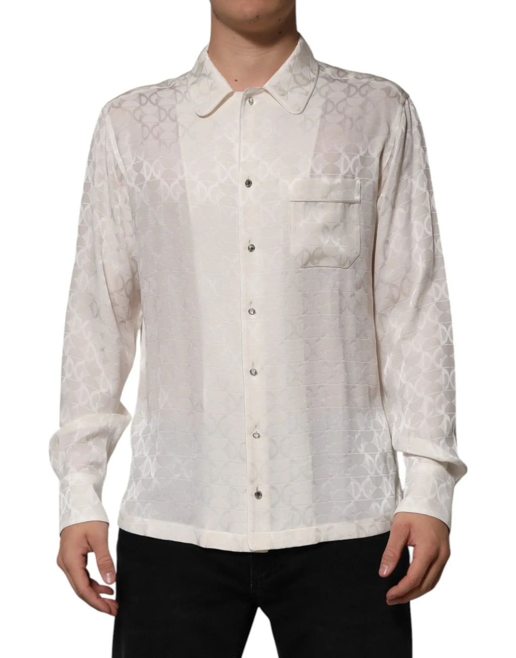 Chemise blanche en soie dolce & gabbana avec motif logo dg à manches longues et col classique semi-transparent délicat