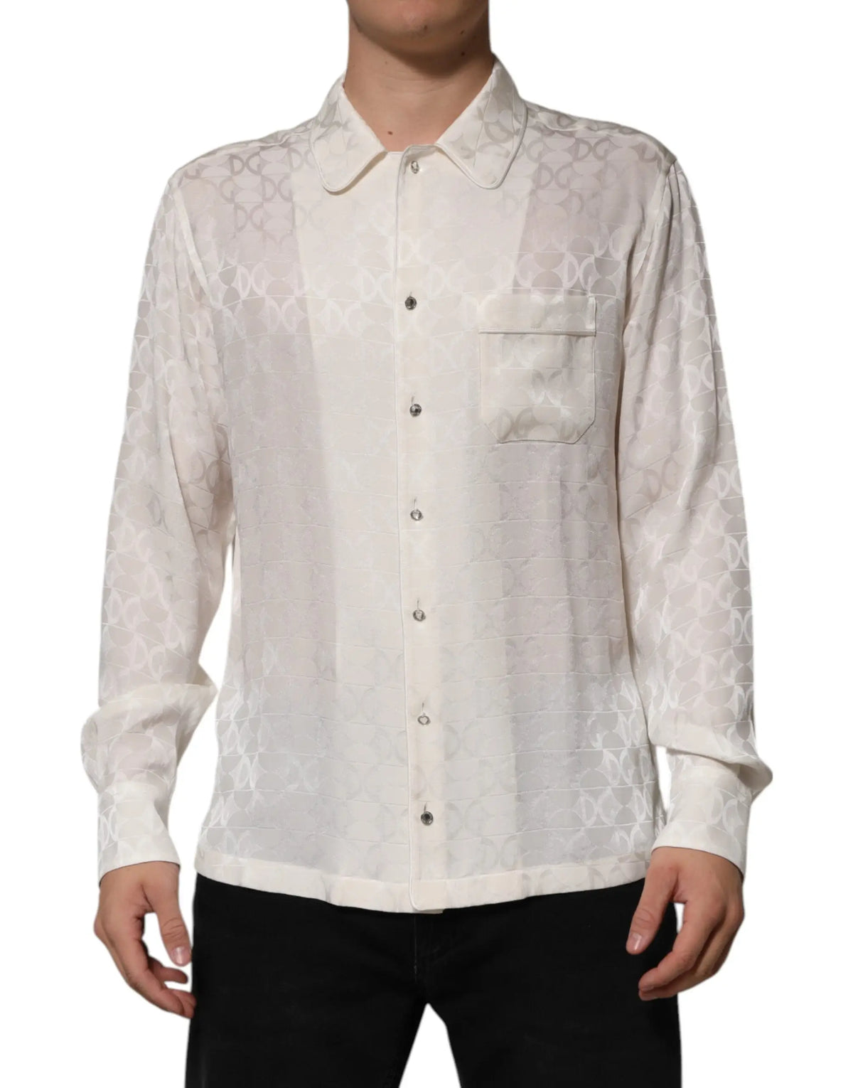 Chemise boutonnée semi-transparente blanche dolce & gabbana en soie avec motif géométrique et col classique