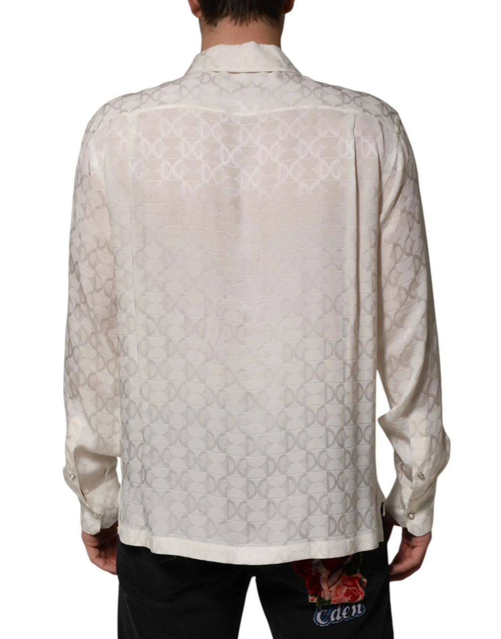 Chemise blanche dolce & gabbana en soie avec logo dg imprimé et motif monogramme discret sur toute la surface