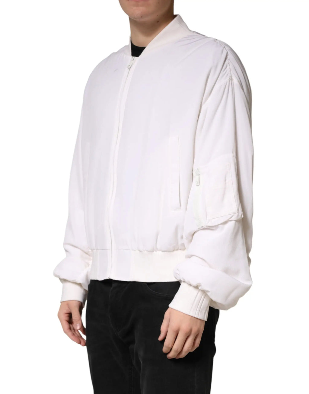 Veste bomber blanche dolce gabbana en soie avec manches bouffantes et poignets côtelés zippée sur le devant