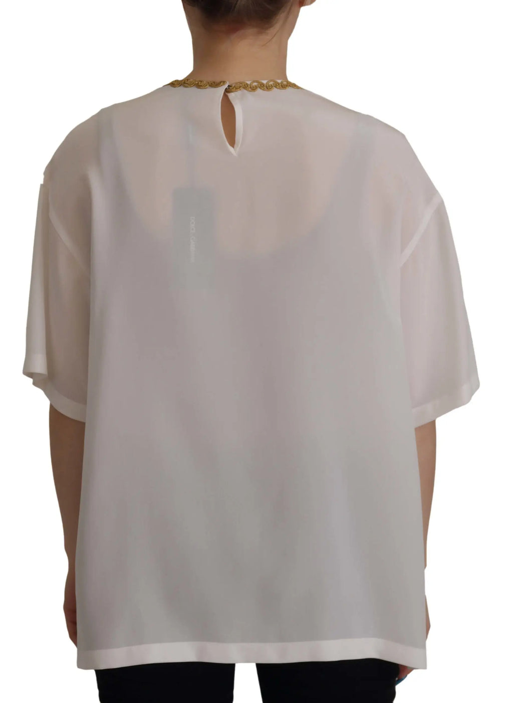 Blouse dolce & gabbana blanche en soie transparente manches courtes avec collier chaîne dorée au col