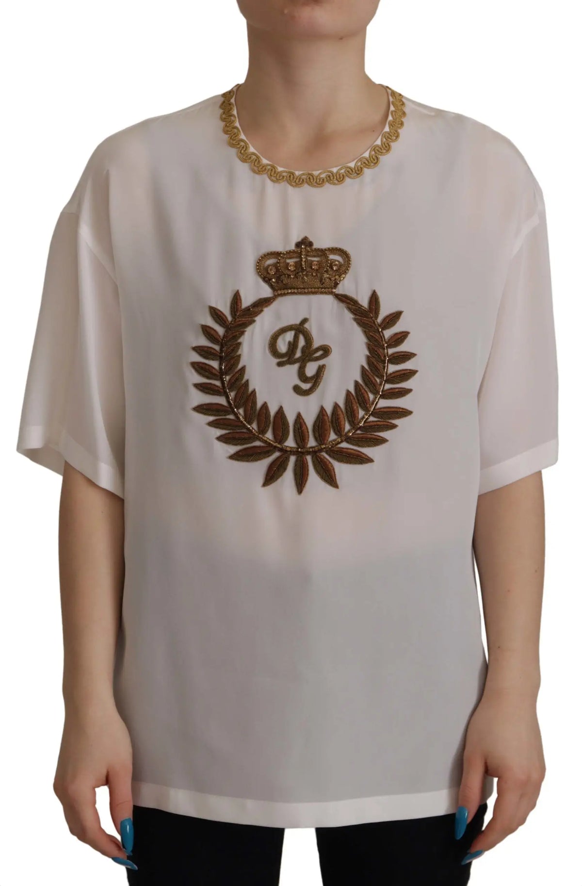 Dolce & gabbana white silk blouse with gold embroidered crown and laurel wreath logo on the chest