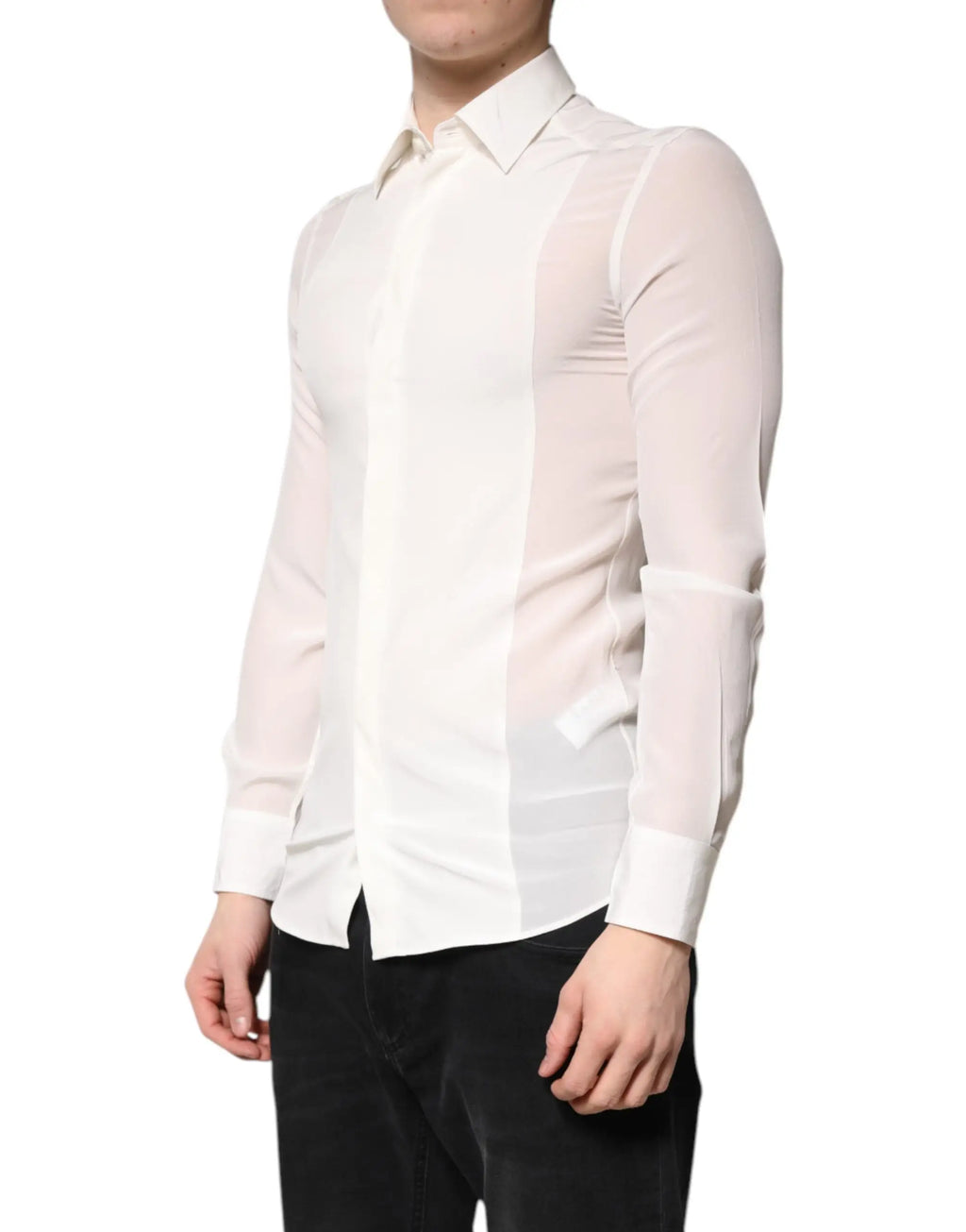 Chemise formelle col boutonné blanche en soie semi-transparente de dolce gabbana avec manches longues