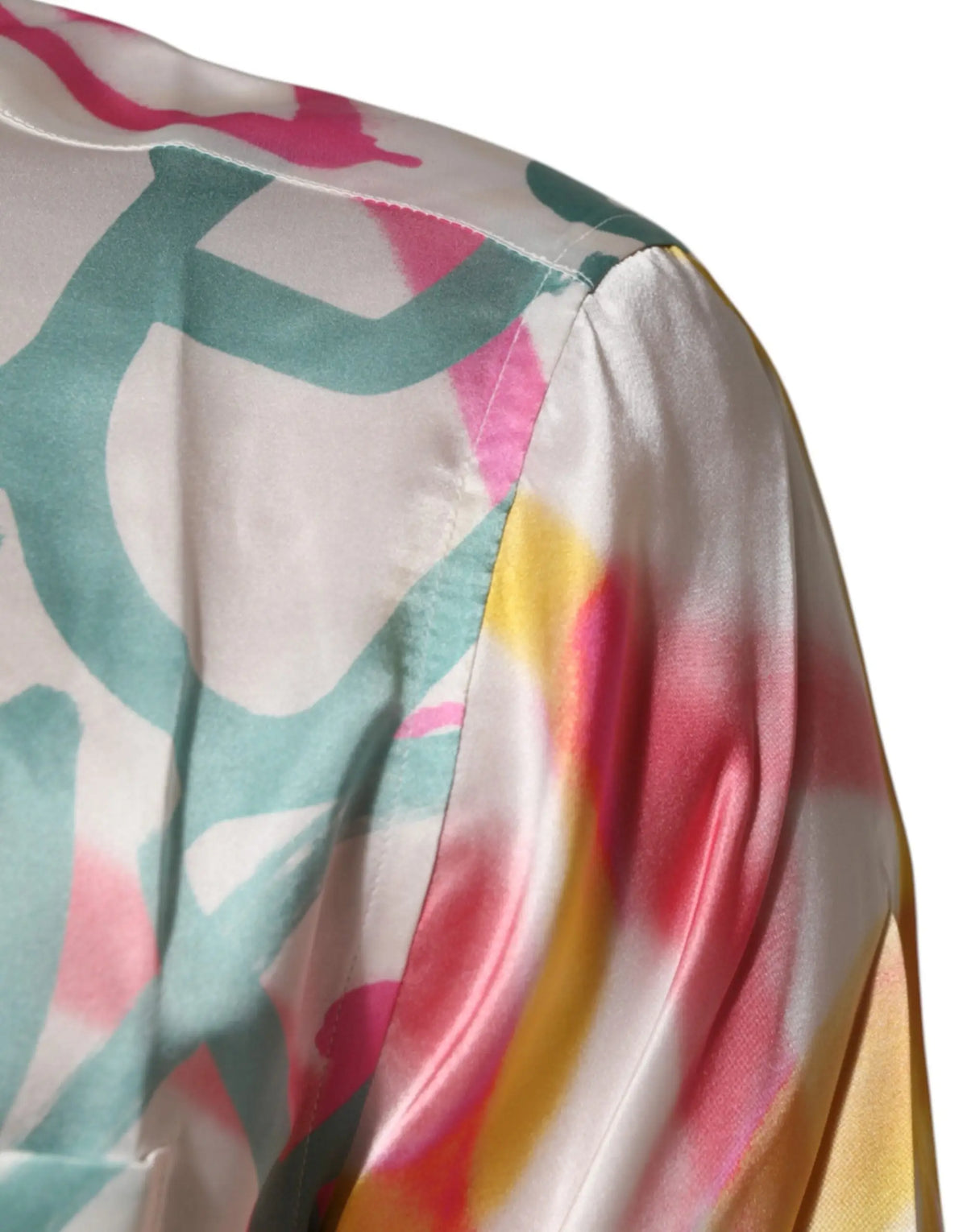 Blouse satinée vibrante dolce & gabbana en soie blanche avec motif abstrait hawaiien teal rose jaune