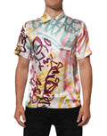 Chemise blanche en soie dolce & gabbana manches courtes avec imprimé graffiti hawaïen coloré pour homme