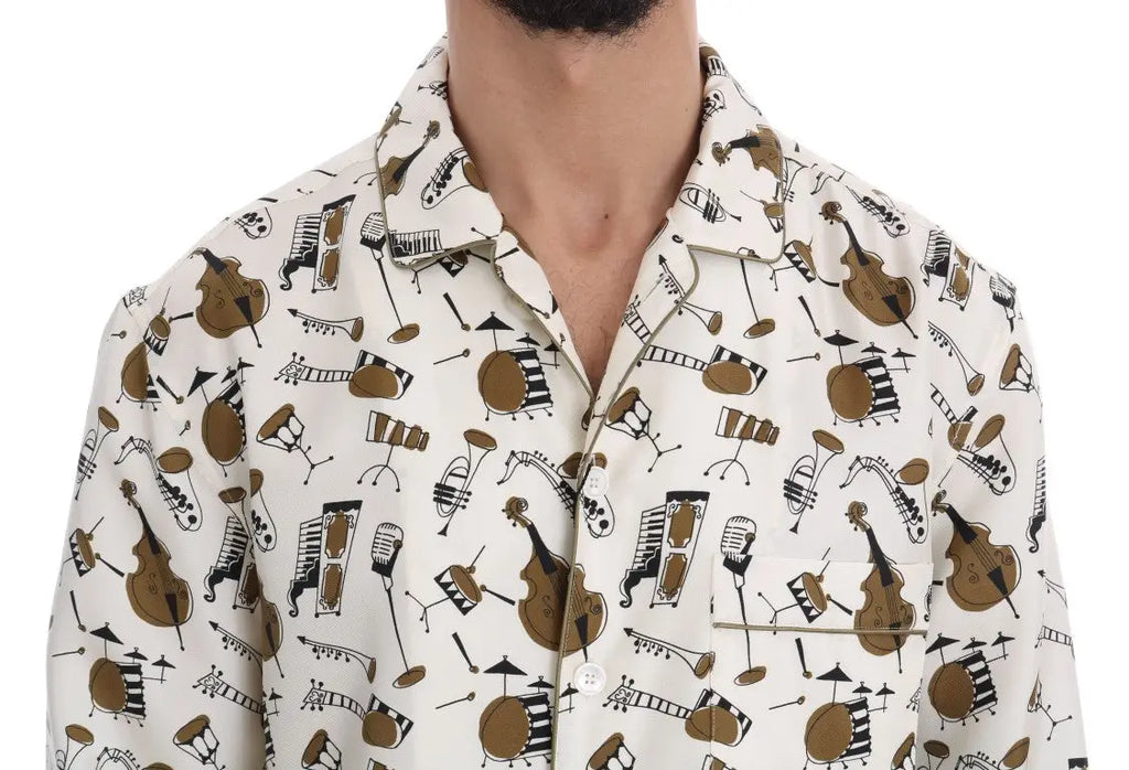 Chemise blanche en soie dolce & gabbana avec motif jazz et instruments de musique marron et noir