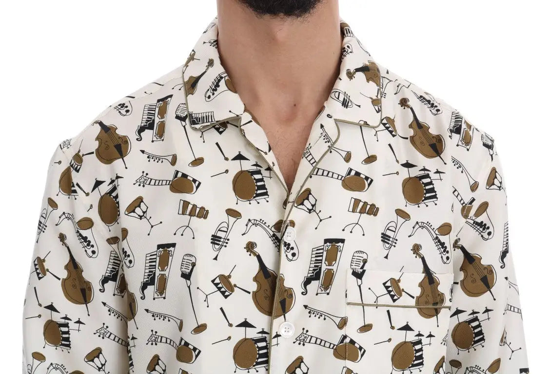Chemise blanche en soie dolce & gabbana avec motif jazz et instruments de musique marron et noir