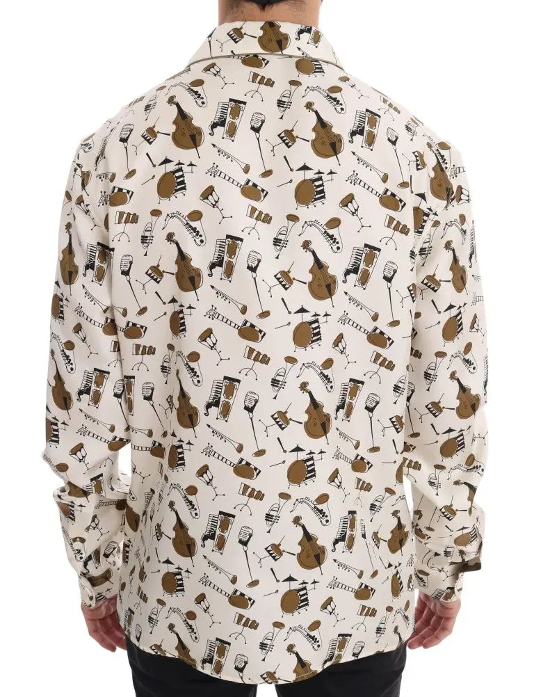 Chemise dolce & gabbana en soie blanche à manches longues avec motif jazz imprimé d’instruments de musique marron et noir