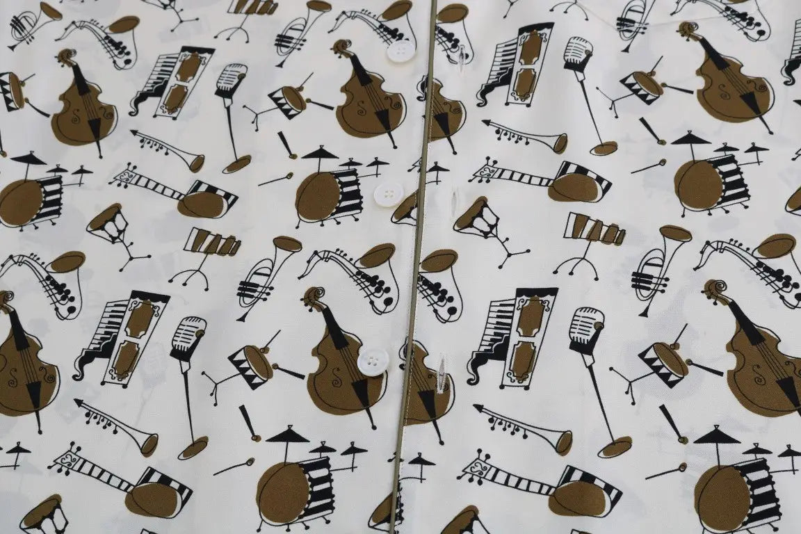 Chemise blanche dolce & gabbana en soie avec imprimé jazz d instruments de musique marron et noir