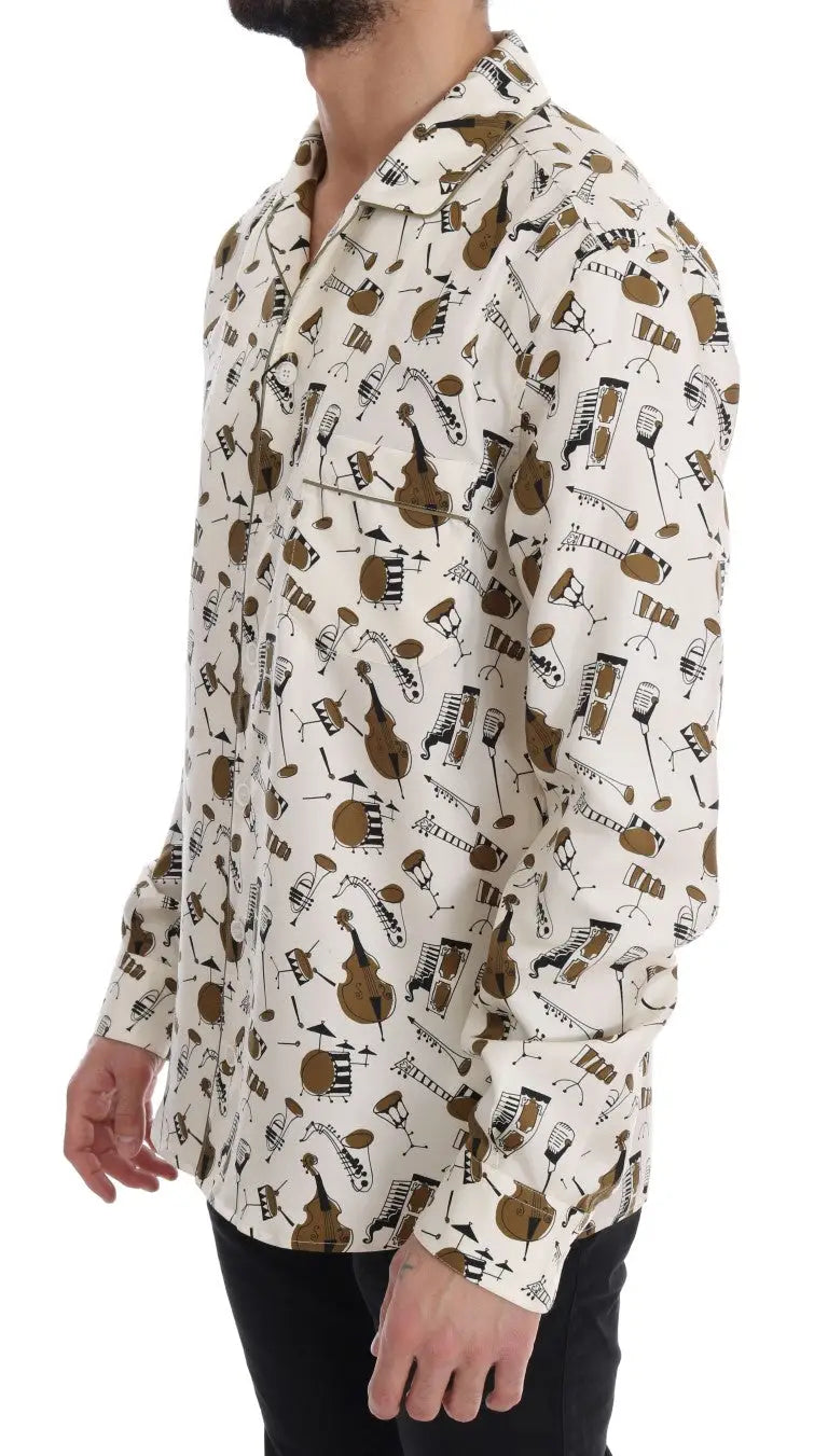 Chemise homme à manches longues dolce & gabbana en coton crème avec imprimé ludique d’instruments de musique