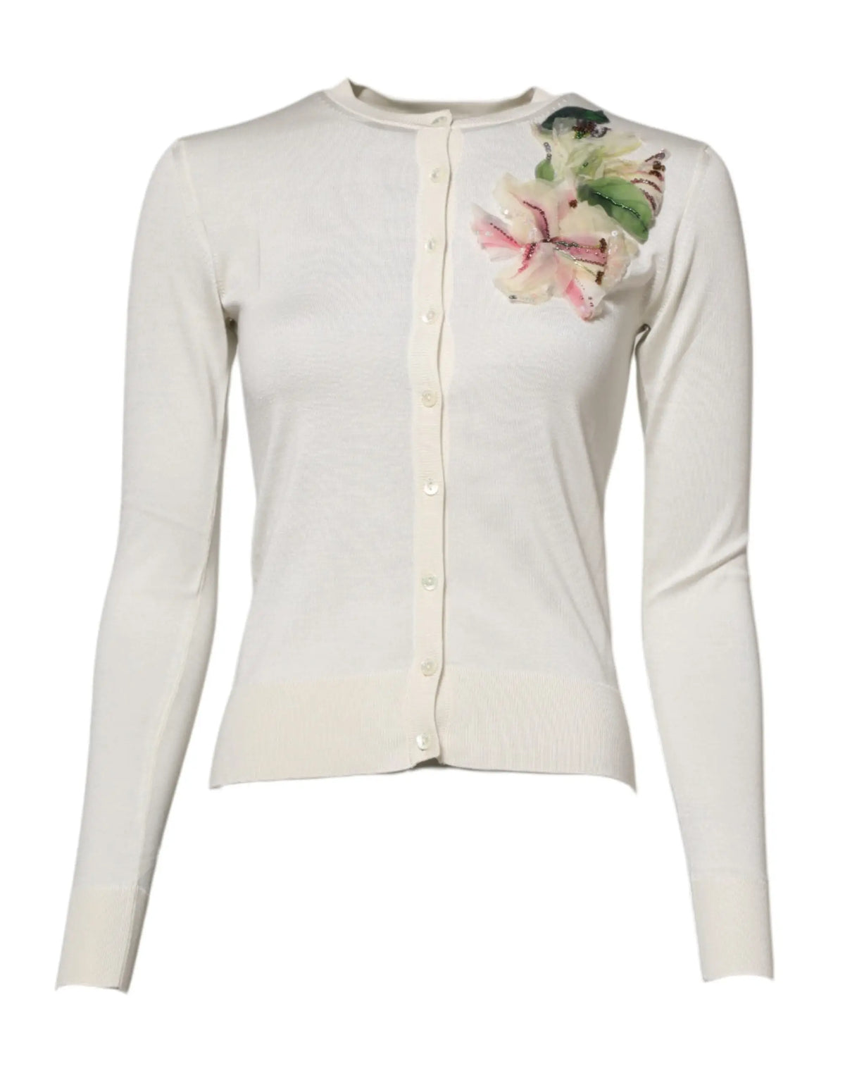 Cardigan en maille crème dolce & gabbana en soie blanche avec ornement floral délicat sur l épaule