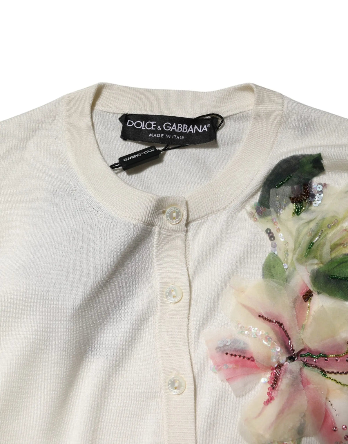 Cardigan dolce et gabbana crème en soie avec broderie florale complexe ornée de sequins et perles