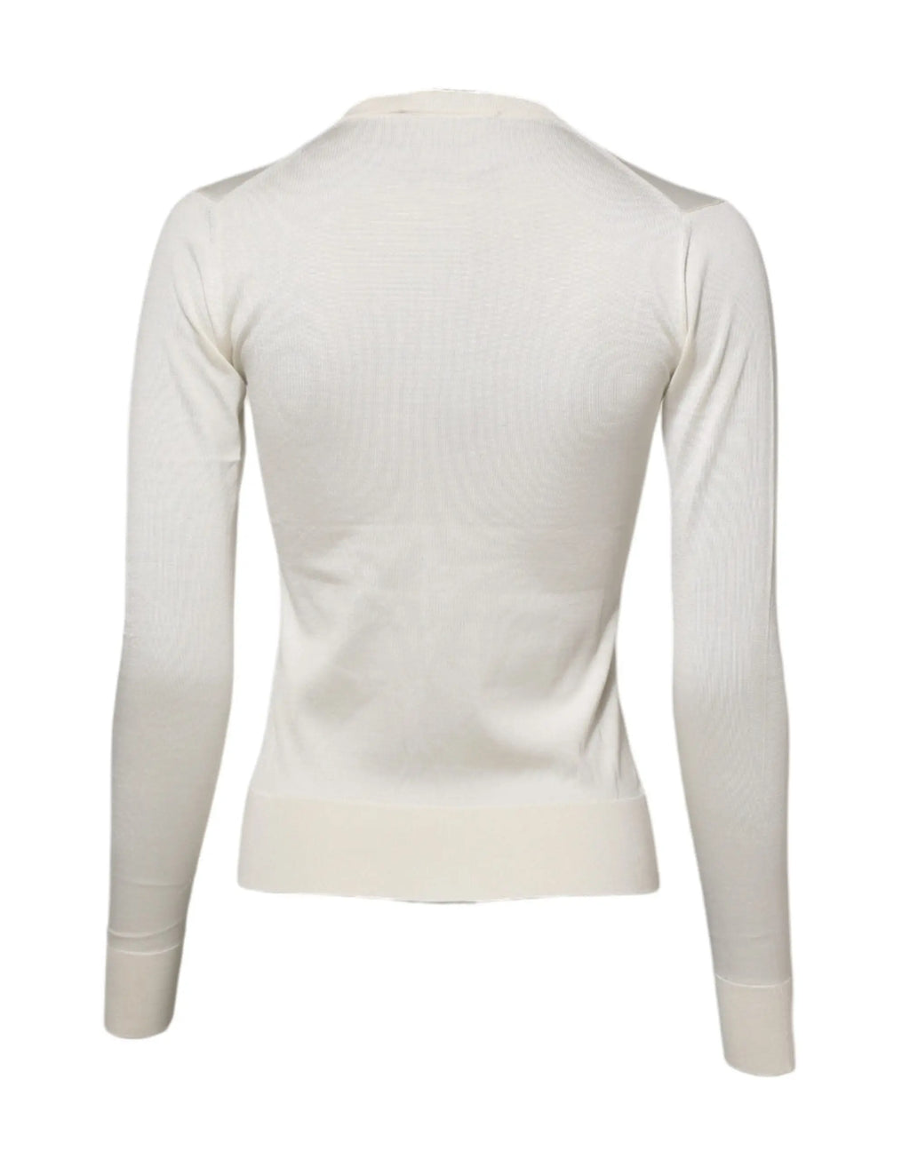 Top à manches longues en maille côtelée couleur crème avec col arrondi et silhouette ajustée porté sous cardigan en soie blanche dolce & gabbana orné de lys