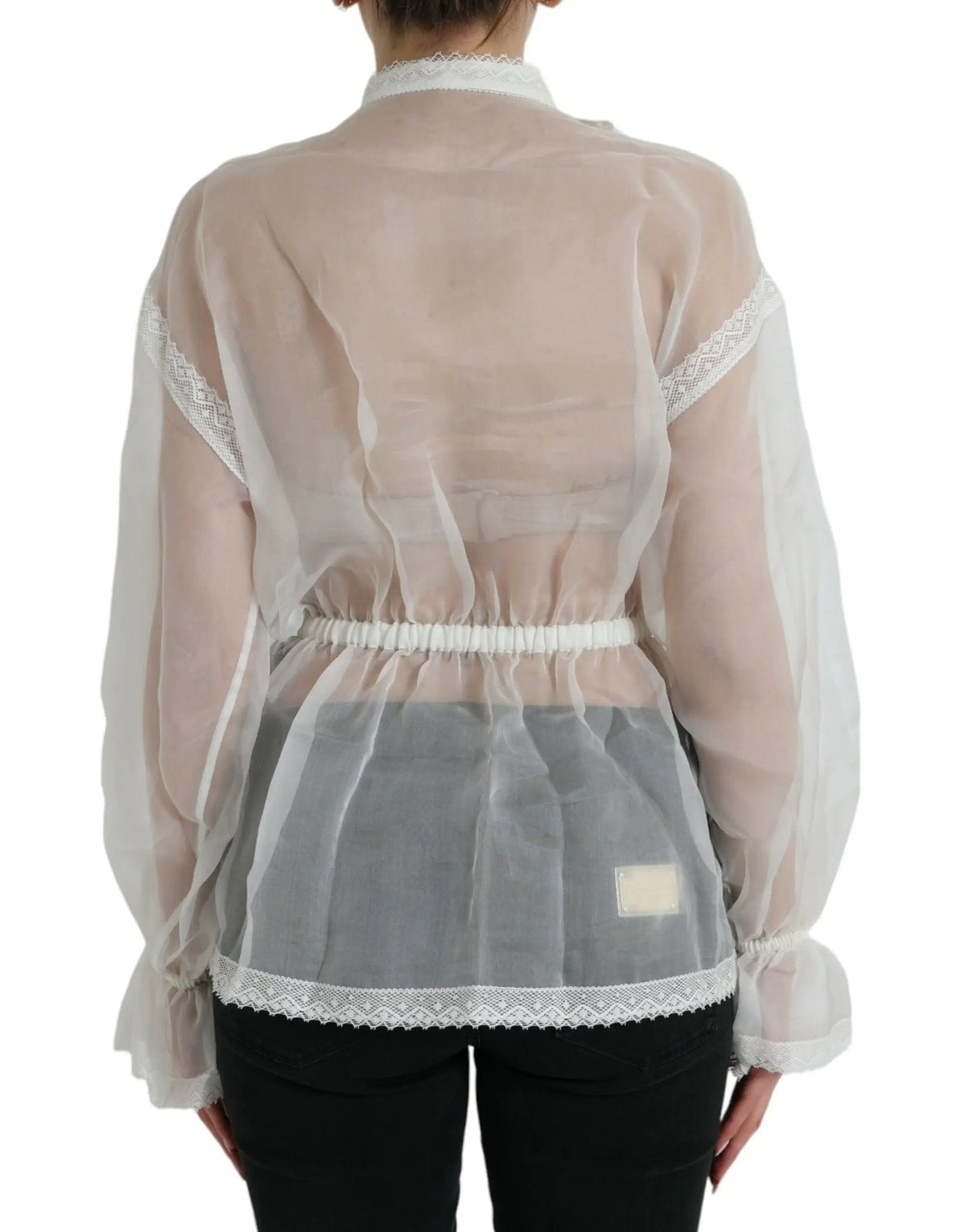 Blouse sheer rose pâle avec bordure en dentelle blanche aux manches et à l’ourlet dolce gabbana en soie