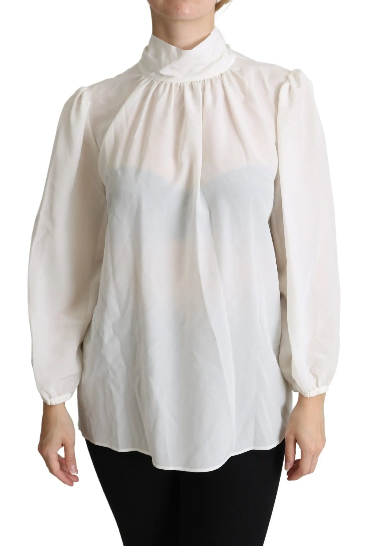 Blouse blanche en soie dolce & gabbana avec col montant froncé et manches longues bouffantes transparentes
