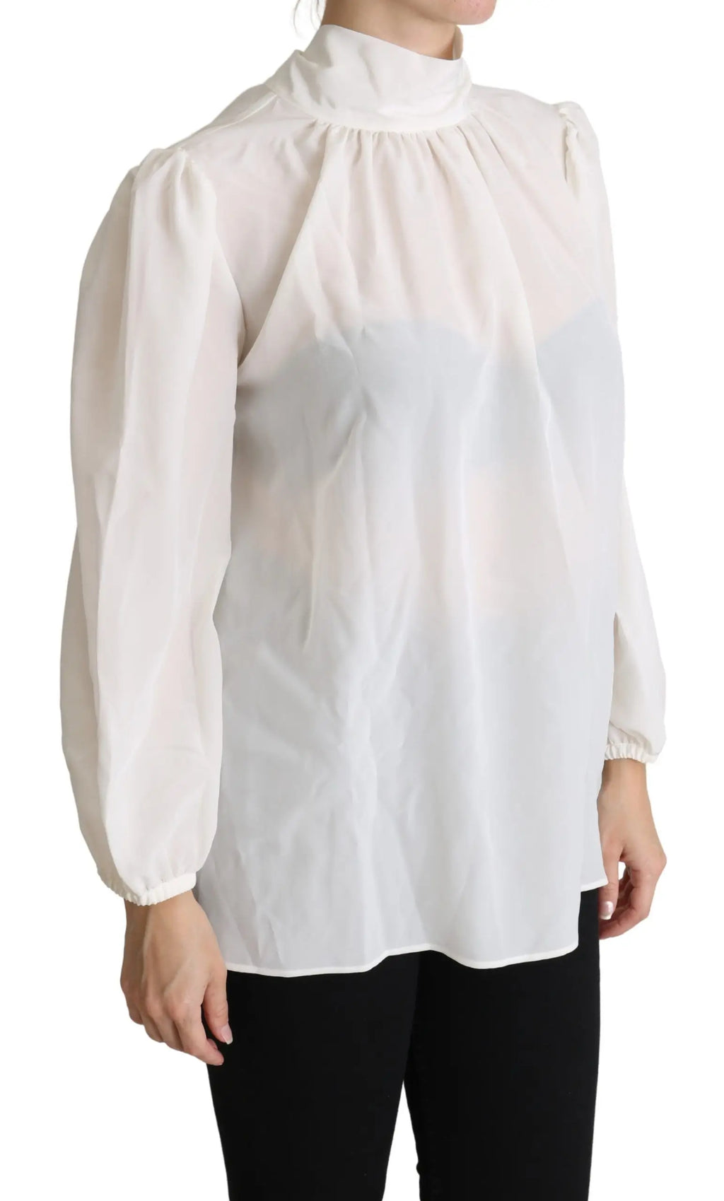 Blouse blanche douce et gabanna en soie avec col montant et manches bouffantes en tissu léger