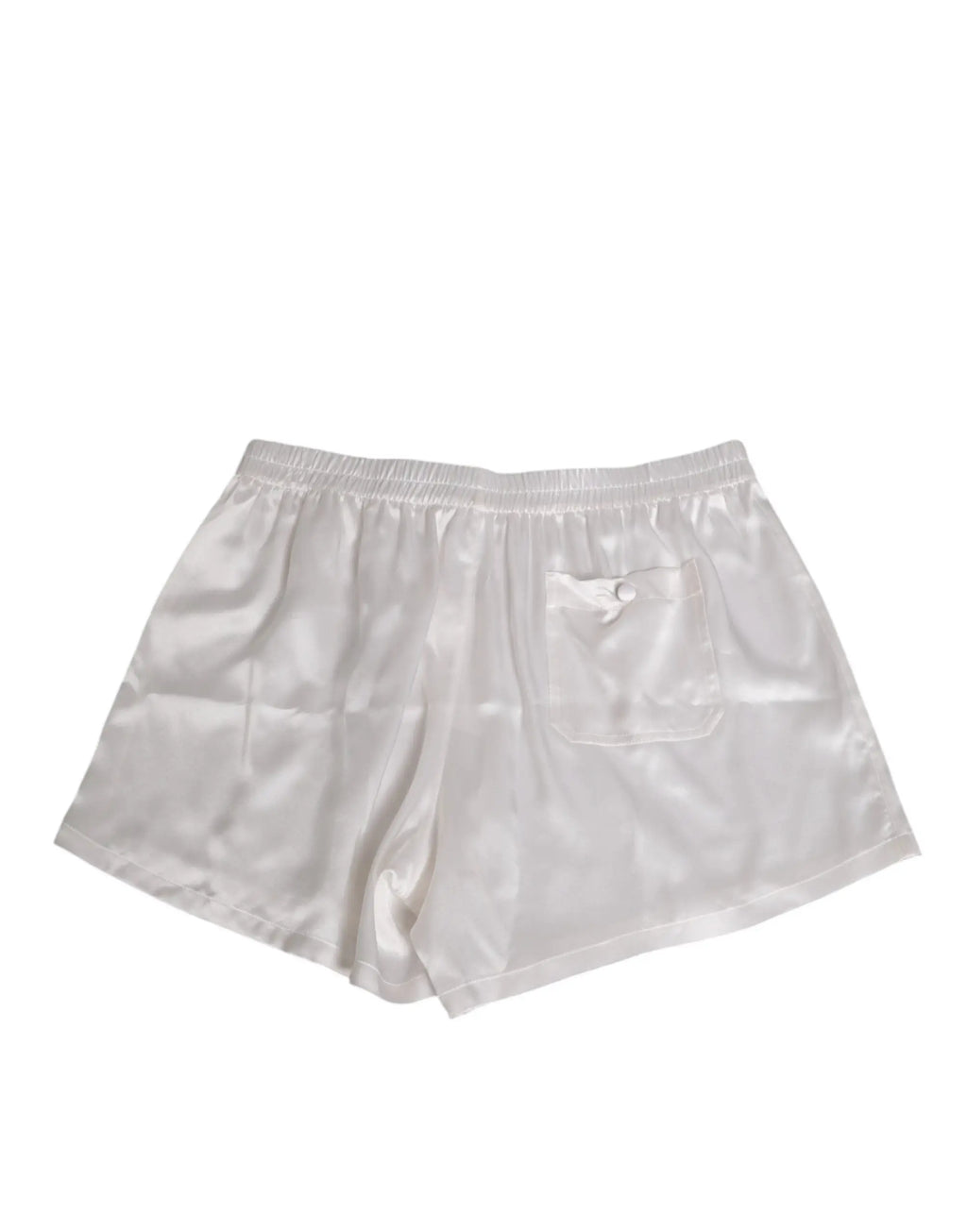 Vue arrière des boxers short de bain pour homme dolce gabbana en satin de soie blanc avec ceinture élastique et poche arrière unique