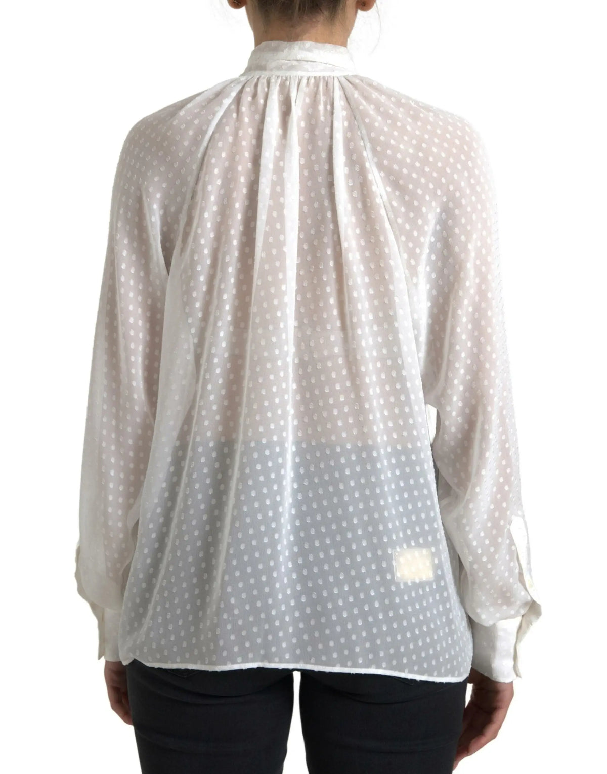 Blouse blanche délicate dolce & gabbana en soie légère transparente à pois avec col noué
