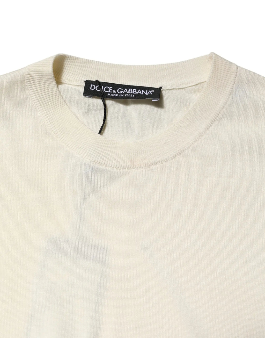 Pull over blanc en soie dolce & gabbana avec manches courtes et encolure ronde côtelée crème