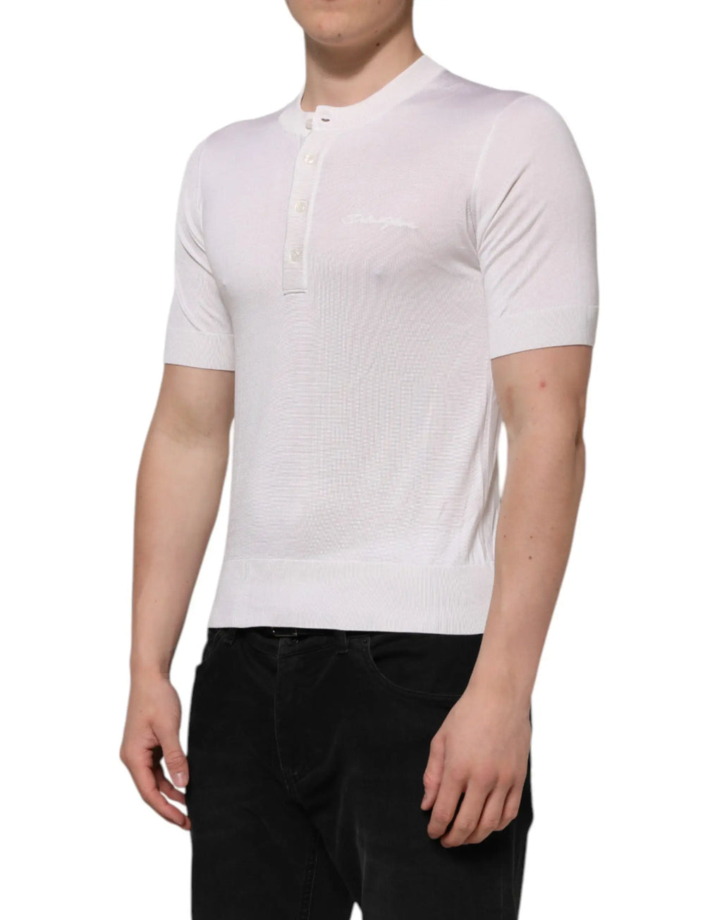 Dolce & gabbana t-shirt henley homme blanc en soie à manches courtes avec motif texturé subtil et patte de boutonnage