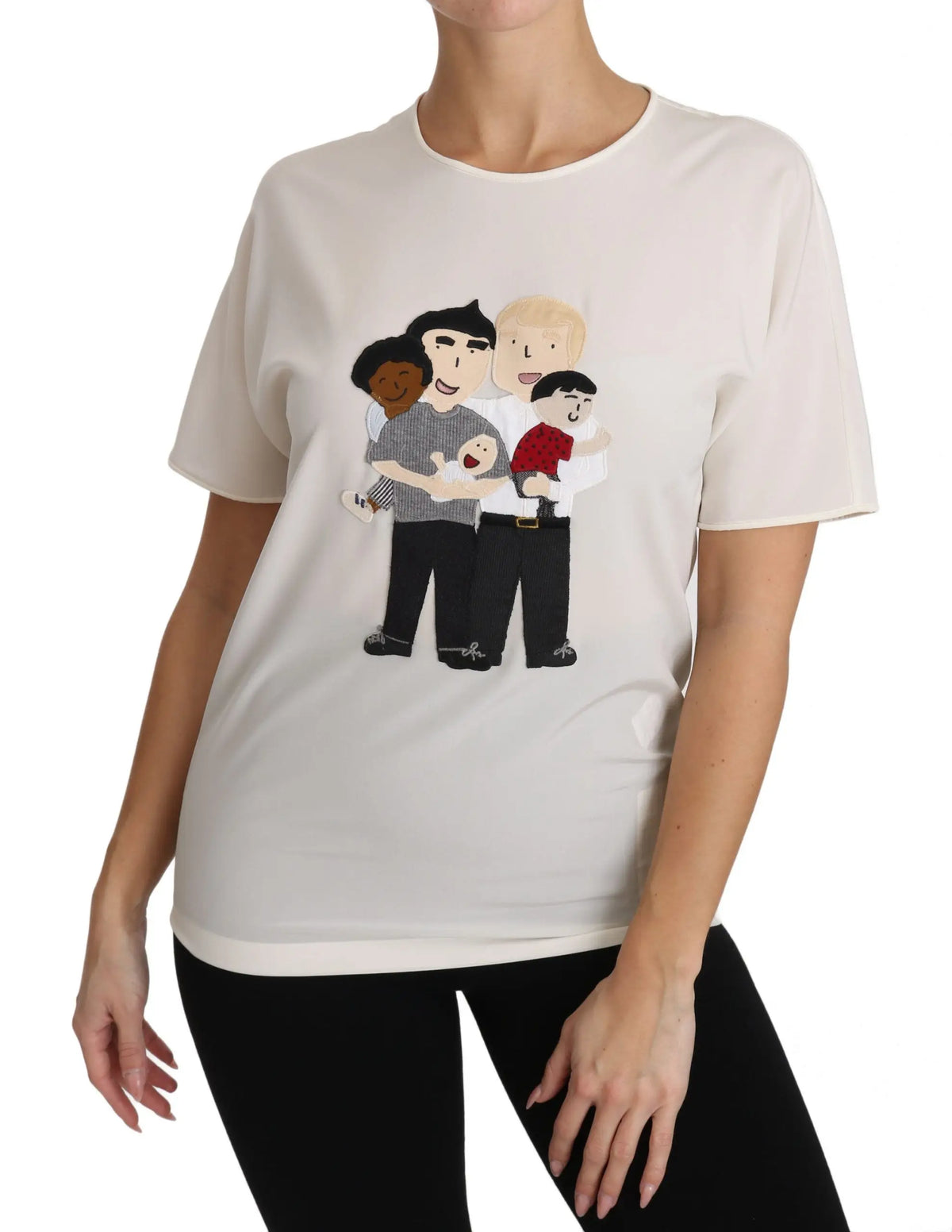 T-shirt dolce & gabbana blanc en soie stretch avec broderie famille ludique couleur crème manches courtes
