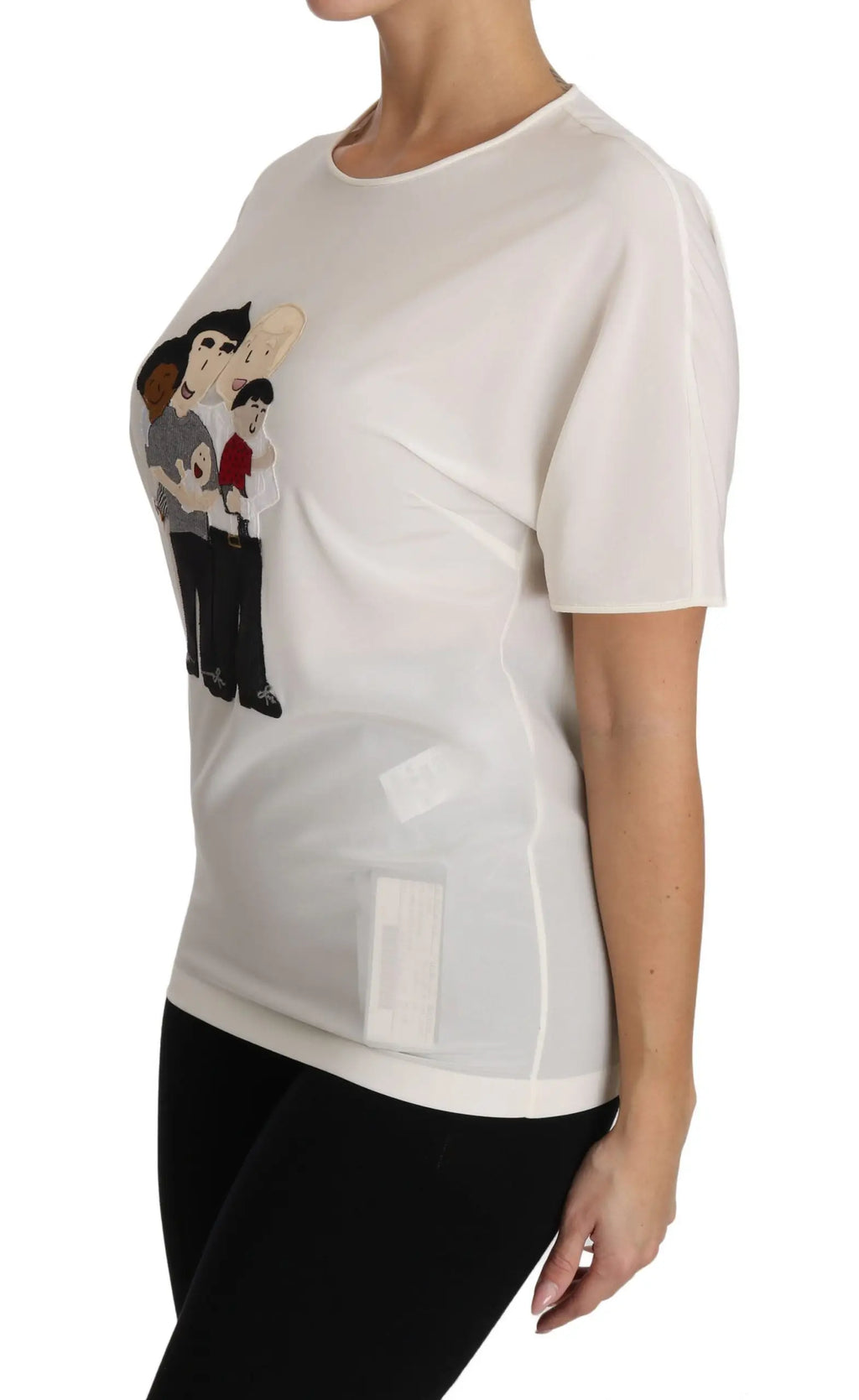 T-shirt blanc en soie stretch dolce & gabbana à manches courtes avec broderie famille cartoon dgfamily