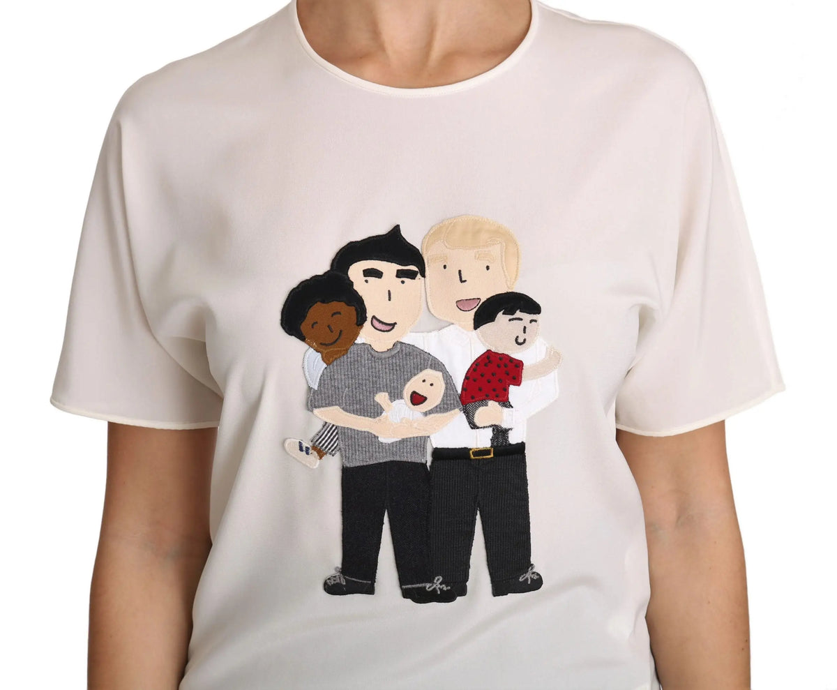 T-shirt blanc en soie stretch dolce & gabbana avec illustration familiale colorée brodée manches courtes