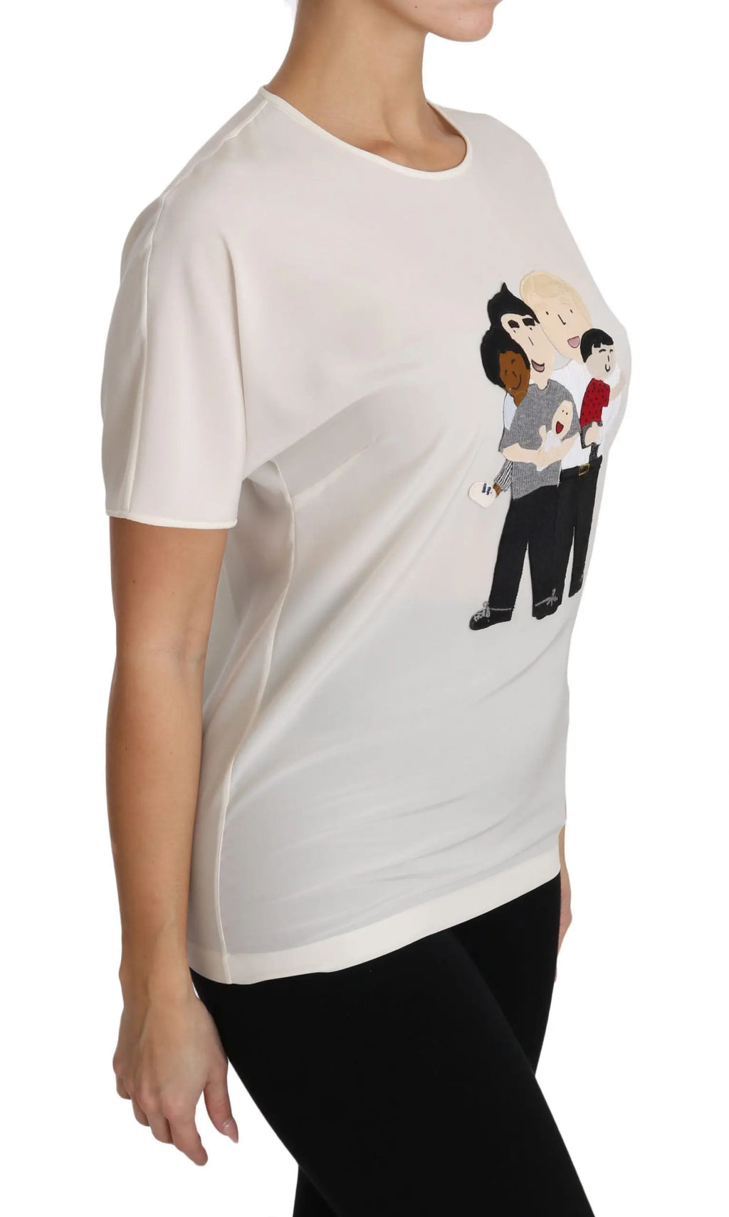 T-shirt blanc en soie stretch dolce & gabbana avec illustration cartoon de trois figures stylisées sur le devant