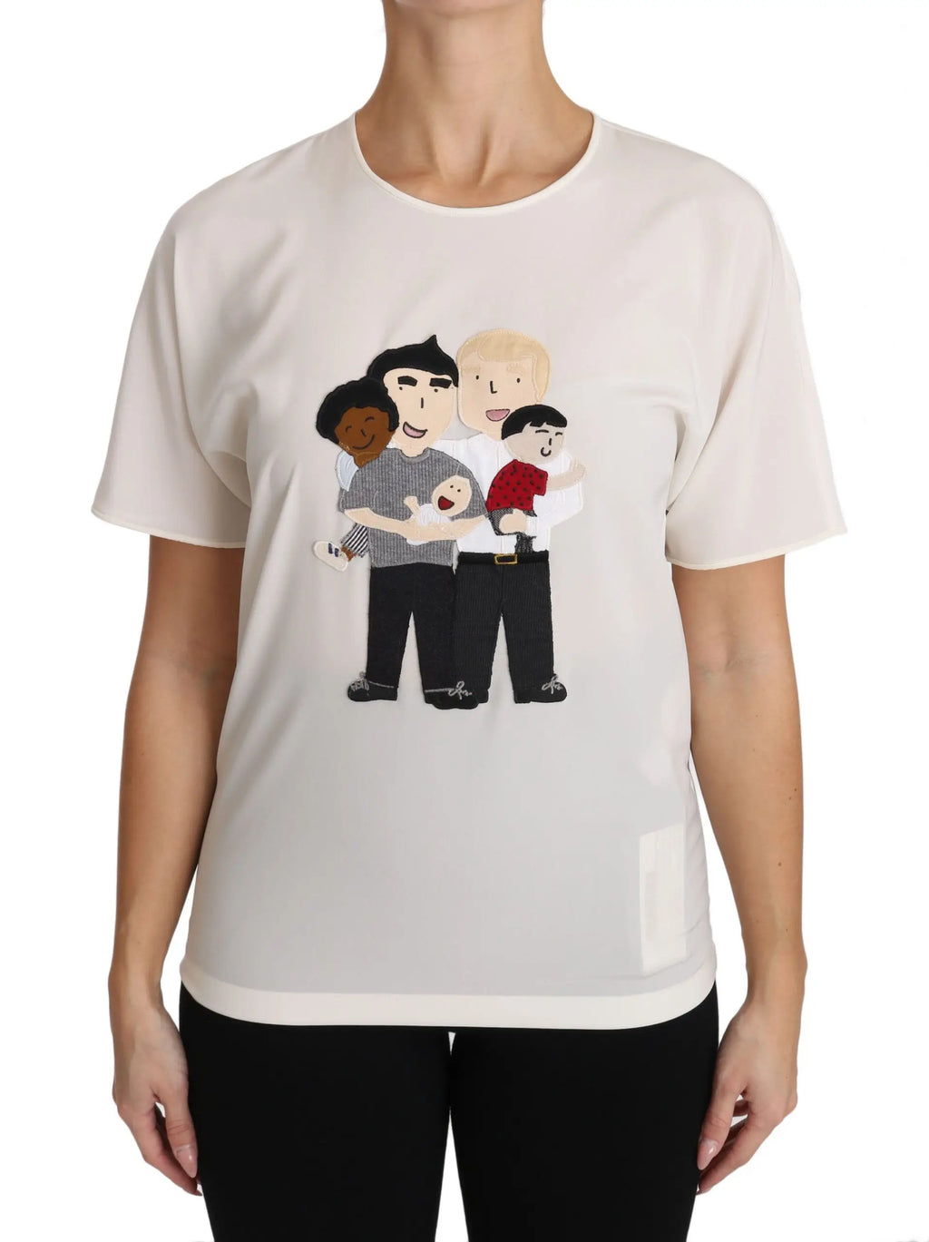 T-shirt crème en coton avec broderie colorée famille sur le devant dolce & gabbana white silk stretch dgfamily
