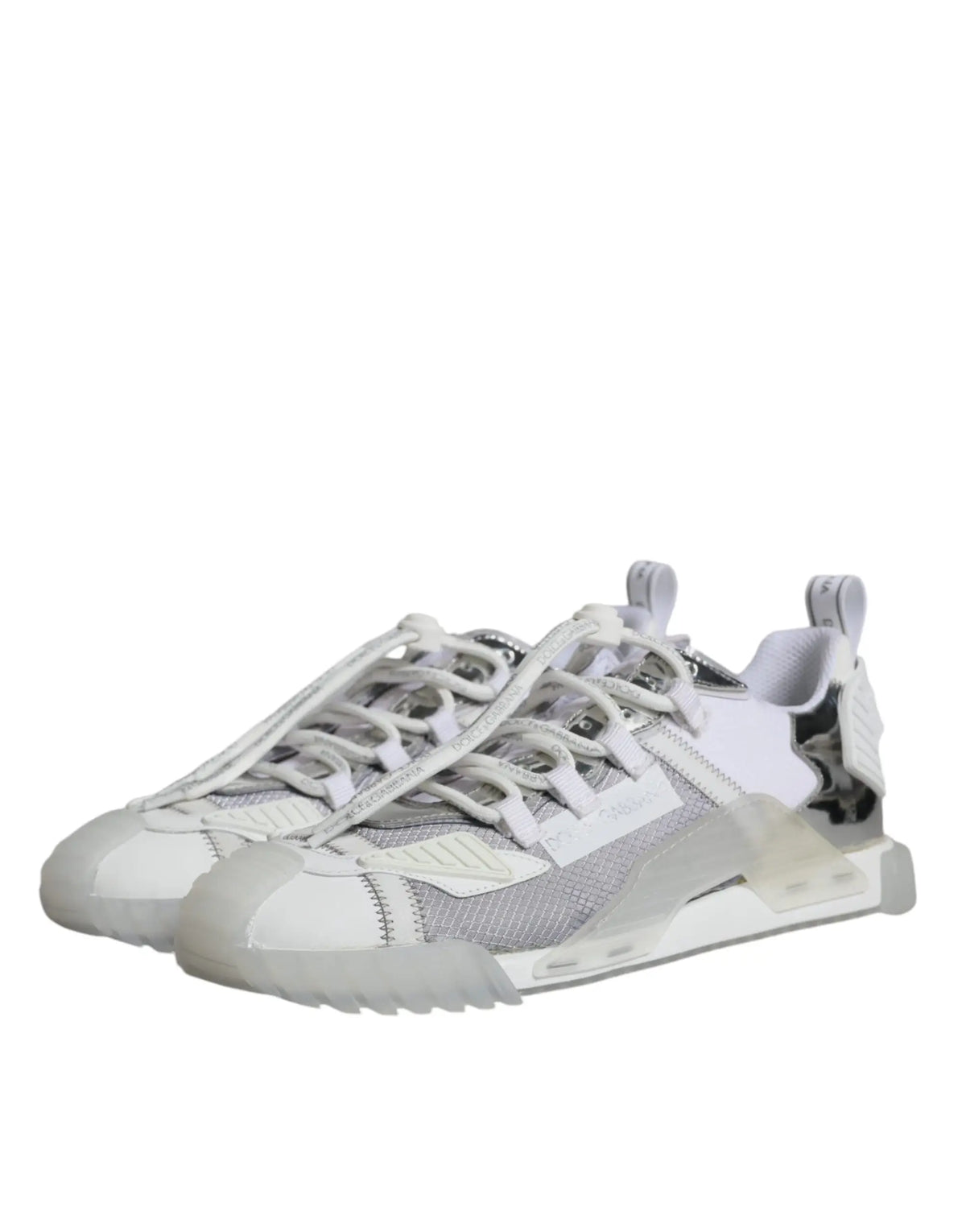 Dolce & gabbana baskets basses blanches et argentées avec tige en mesh translucide et semelle épaisse
