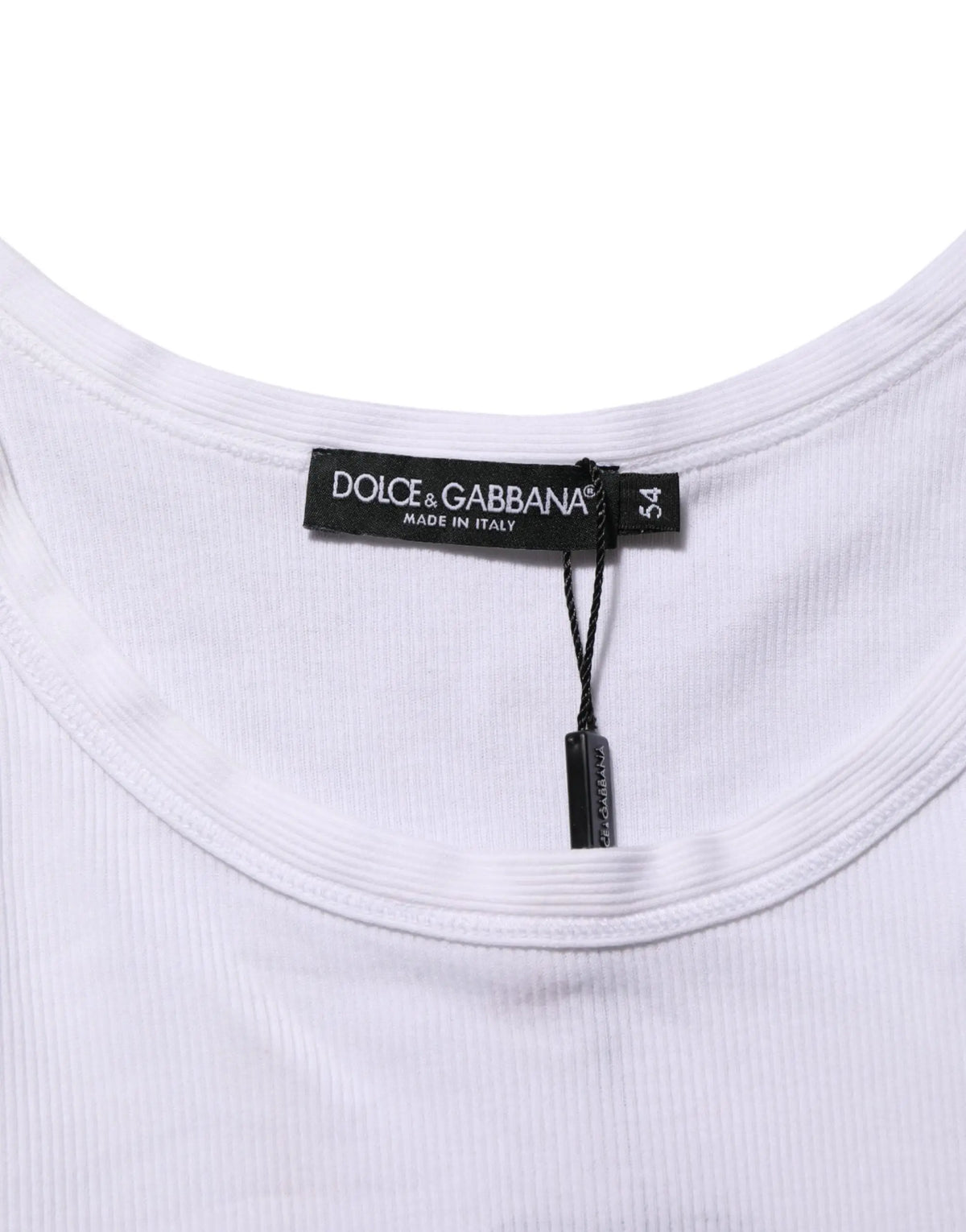 Dolce & gabbana débardeur blanc en coton côtelé avec col rond et étiquette noire made in italy