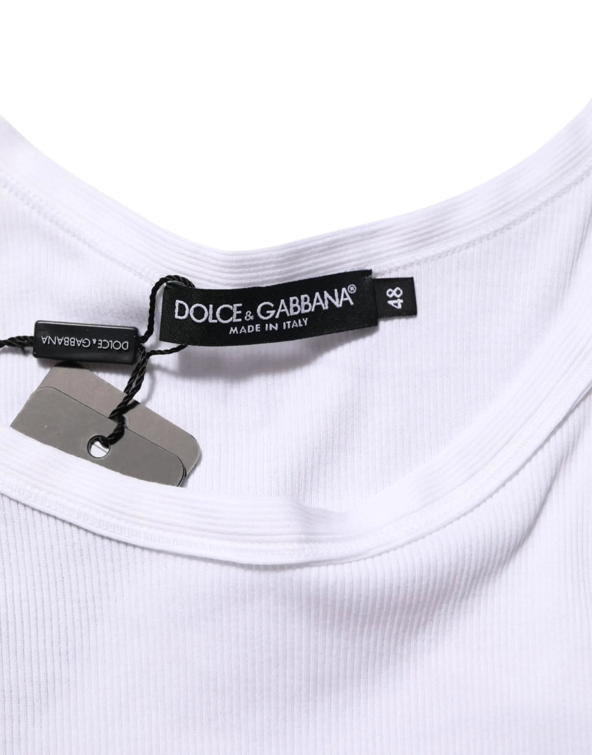Dolce & gabbana débardeur blanc en coton côtelé avec étiquette noire taille 48 made in italy