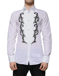 Chemise habillée homme dolce gabbana blanche slim fit avec motifs floraux noirs brodés sur la patte de boutonnage