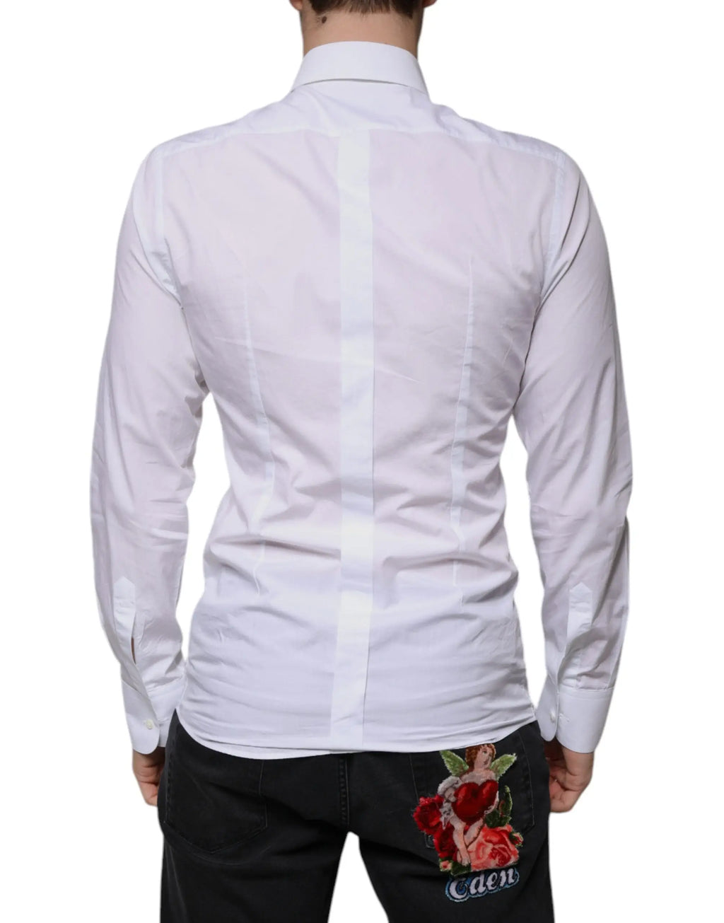 Chemise blanche dolce & gabbana slim fit manches longues avec couture centrale et rose rouge brodée au dos