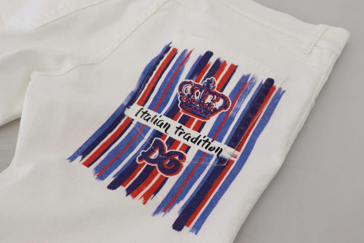 Jean slim skinny en coton blanc dolce & gabbana avec bandes graphiques rouges bleues blanches et broderie couronne italian tradition