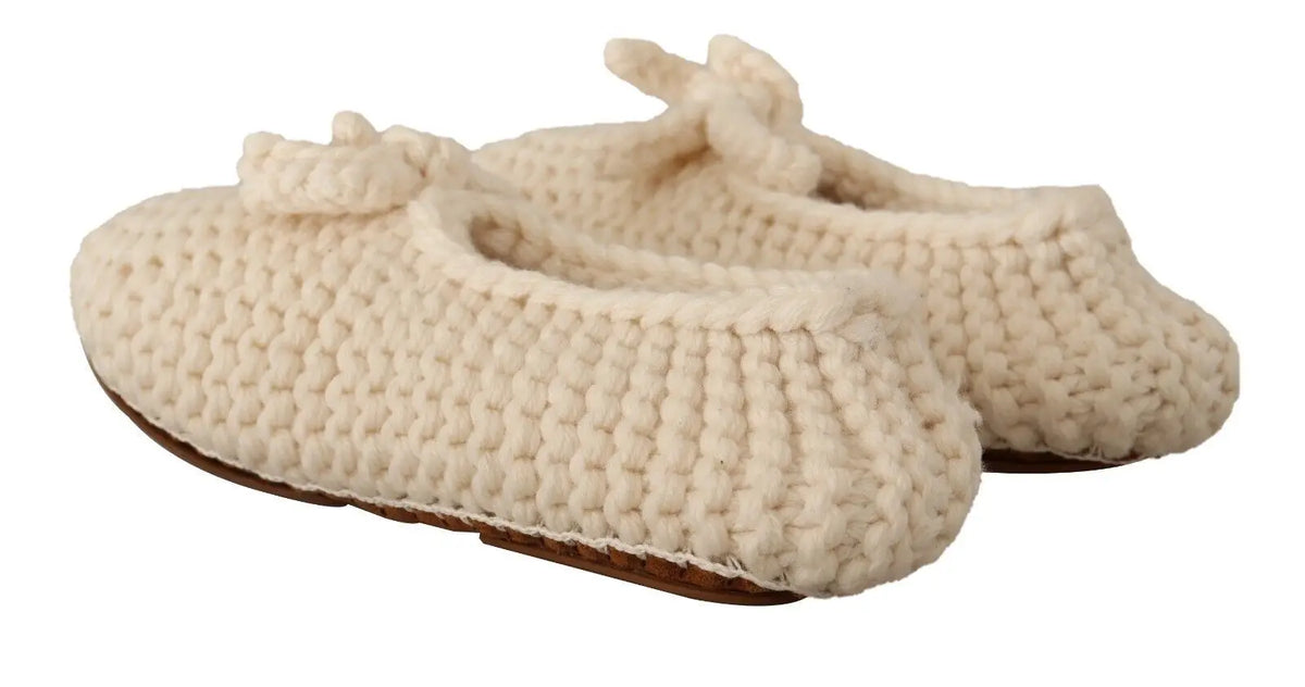 Dolce & gabbana ballerines en laine blanches slip-on avec motif en tricot épais crème et petits nœuds à lavant