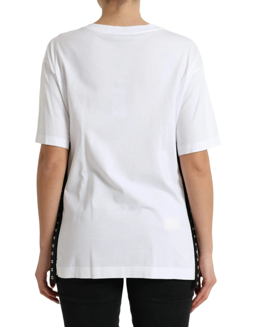 T-shirt blanc dolce & gabbana à manches courtes avec panneaux latéraux noirs et œillets argentés décoratifs