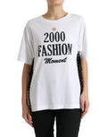 T-shirt blanc dolce & gabbana avec inscription slogan noire 2000 fashion moment logo or et dentelle noire sur les côtés